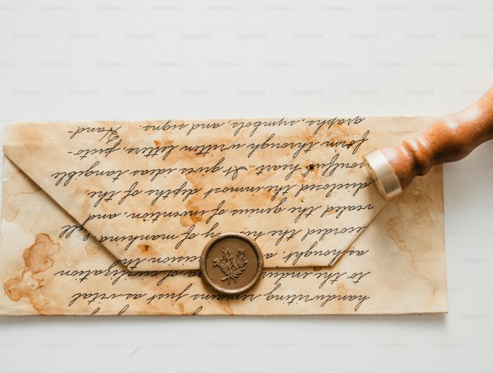 An antique envelope closed with a wax seal, the brass stamp lying beside it.